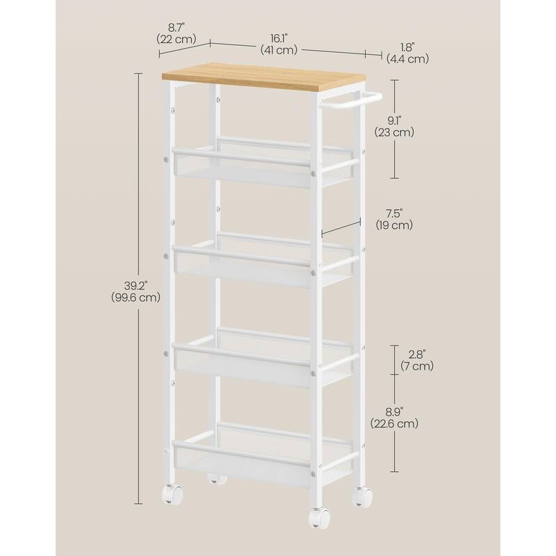Slim Rolling Cart, 5-Tier Storage Cart, Narrow Cart with Handle, 8.7 Inches Deep, Metal Frame, for Kitchen, Dining Room