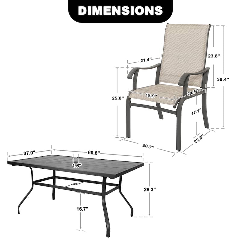 Patio 7-Piece Textilene Dining Set with Umbrella Hole, Beige and Gray