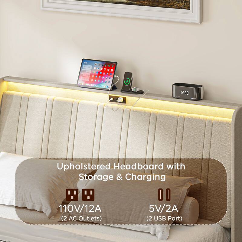 Platform Bed Frame with Fabric Upholstered Headboard and Wooden Slats Support, Fully Upholstered Mattress - Beige