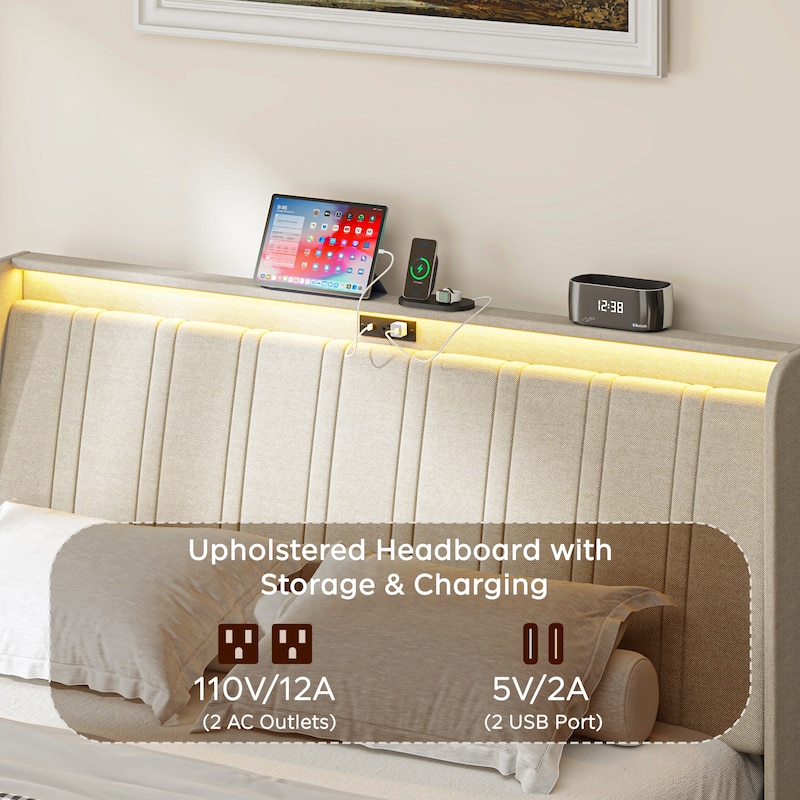 Queen Size Upholstered Platform Bed with Charging Ports, Padded Headboard and Wood Slat Support, Noise-Free Metal Frame