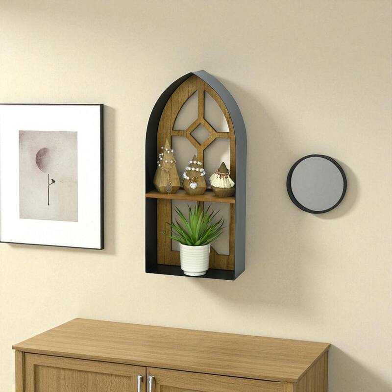 Meliora Cathdral Window Metal & Wood 2 Tier Wall Shelf - Small