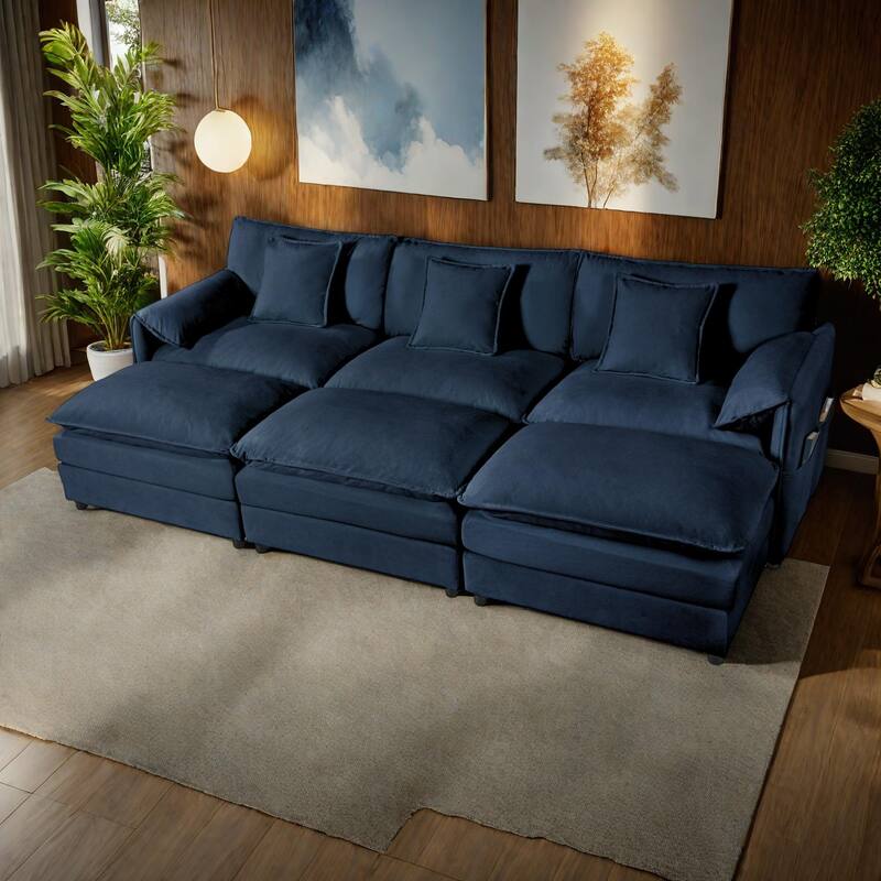 109.45" Chenille Upholstered 3-Seater Sleeper Modular Sectional Sofa with Double-Layer Cushions, DIY Combination - Blue