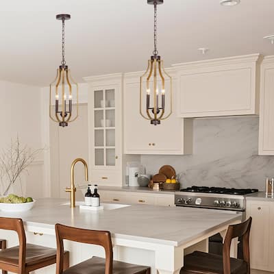 Modern Farmhouse 3-Light Wood Grain Lantern Island Pendant Lights for Dining Room - 9" D x 21" H