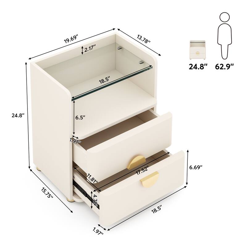 White/ Brown Wood Modern Large 2-Drawer Bedside Table for Bedroom