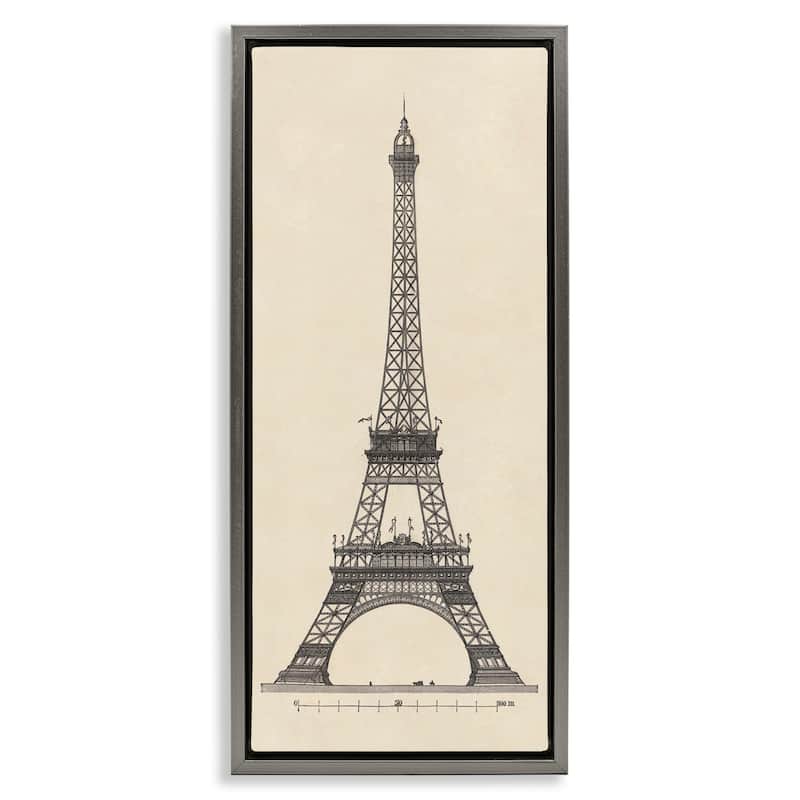 Stupell Parisian Tower Illustration Framed Floater Canvas Wall Art Design By Phillipa Katz - 11 x 25 - Grey