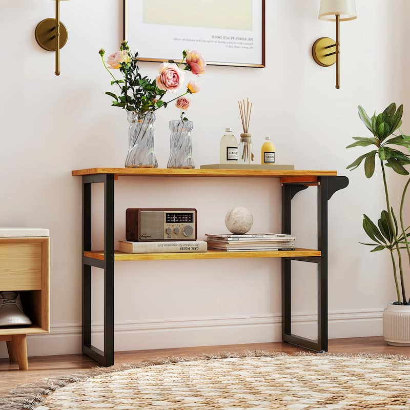 2-Tier Teak Wood Storage Shelf with Towel Holder for Bathroom Entryway or Living Room Decor - 40" x 15.5" x 28"
