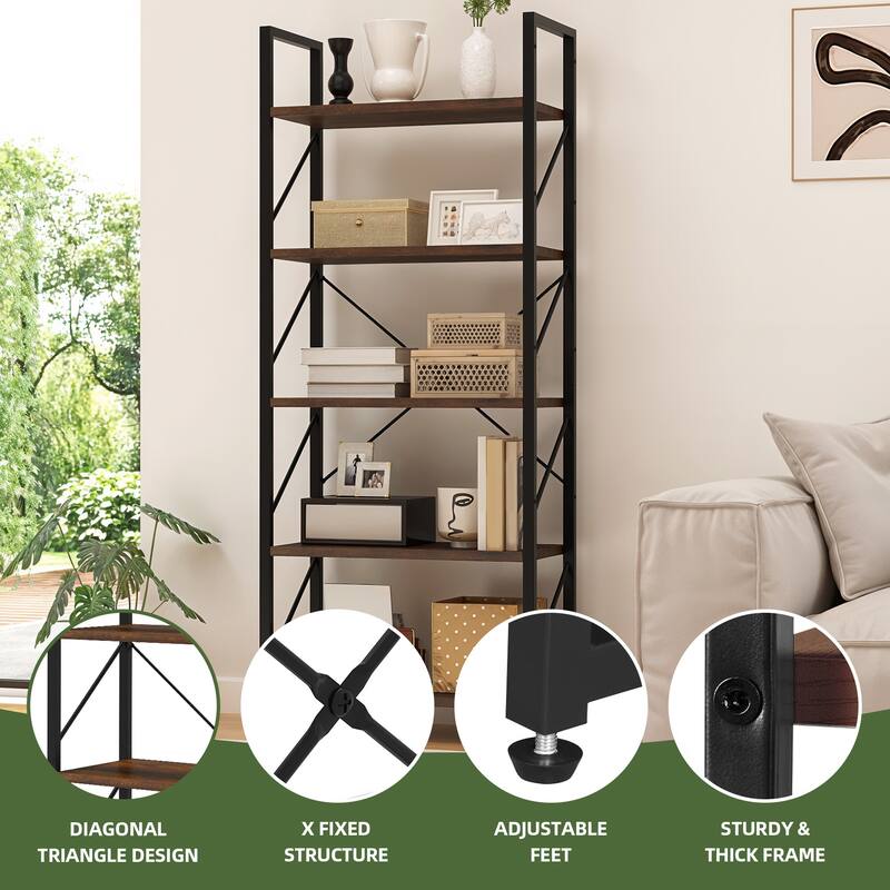 Moasis Industrial 62" Tall 5-Tier Bookshelf Open Shelf Bookcase for Living Room