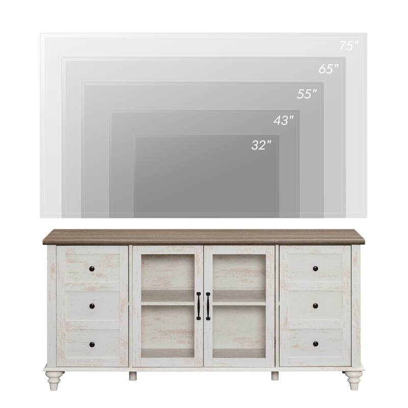 Farmhouse TV Stand for 65 Inch TV, Wood Console Table with Glass Door