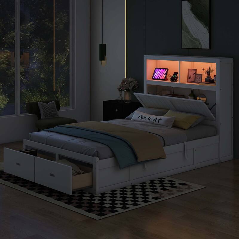 Hydraulic Platform Bed with Storage LED Headboard, Charging Station and 2 Drawers