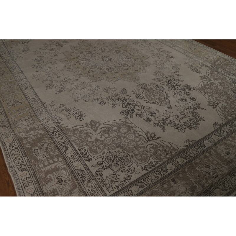 Tabriz Persian Vintage Area Rug Hand-Knotted Beige Wool Carpet - 9'6" x 13'4"