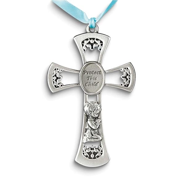 slide 1 of 1, Curata Pewter Protect This Child with Praying Boy and Blue Ribbon Crib Cross