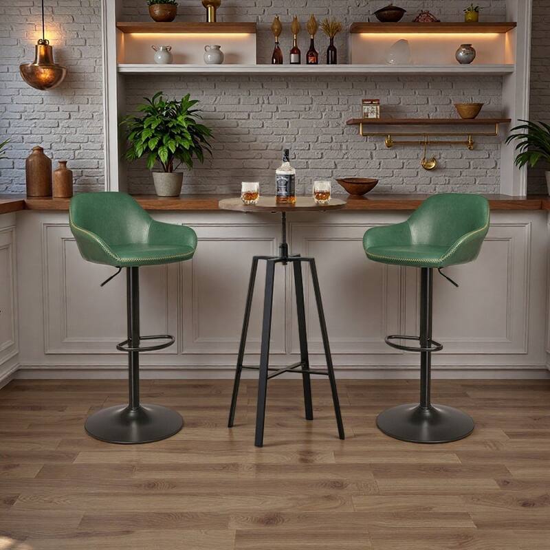 Glitzhome Set of 3 Height Adjustable Swivel Pub Table Bar Stools Set for Kichen Dining - Brown Table & Green Chairs