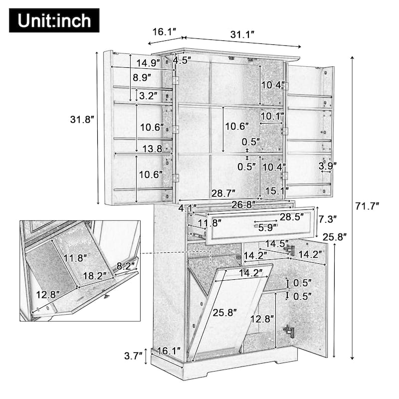 Freestanding Bathroom Storage Cabinet with Doors & Drawers, Tilt-Out Laundry Hamper, Adjustable Shelf, Multiple Storage Spaces
