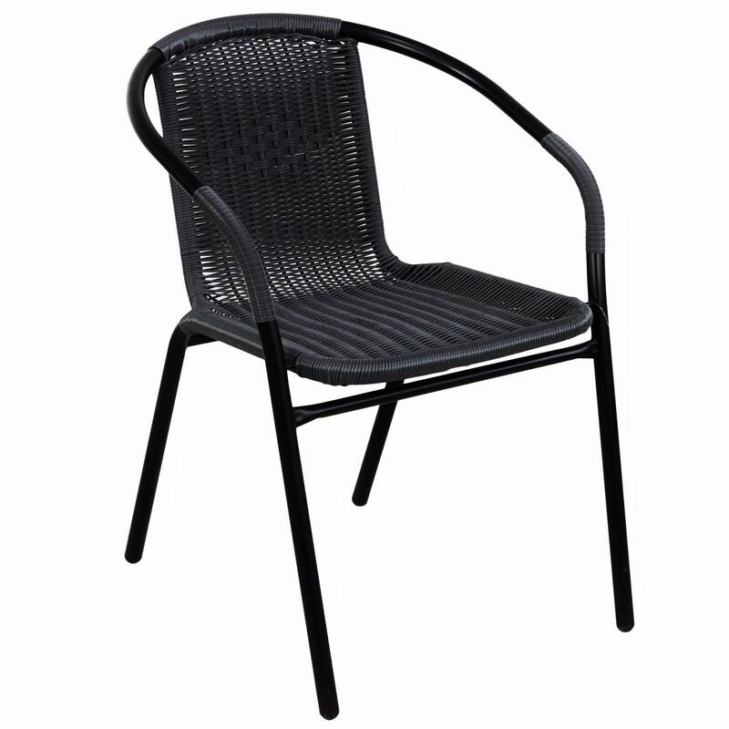 BTEXPERT Indoor Outdoor 23.75" Square Restaurant Table Steel Aluminum + 4 Black Restaurant Rattan Stack Chairs
