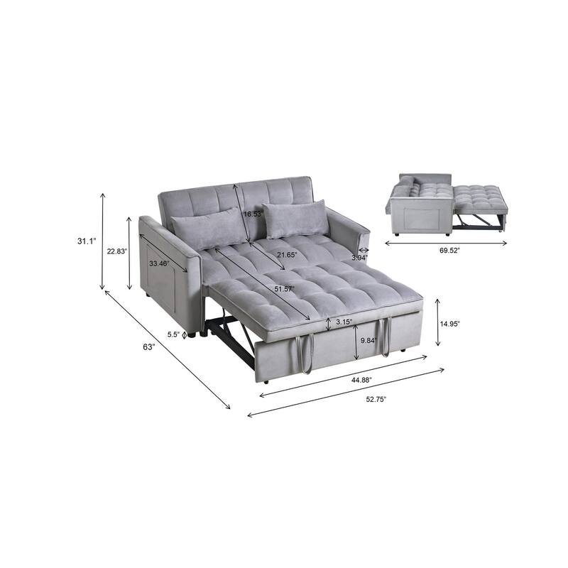 Anmytek Convertible Sleeper Sofa Bed Pull Out Couch Velvet Loveseat Futon with Pillows and Pockets for Living Room Grey