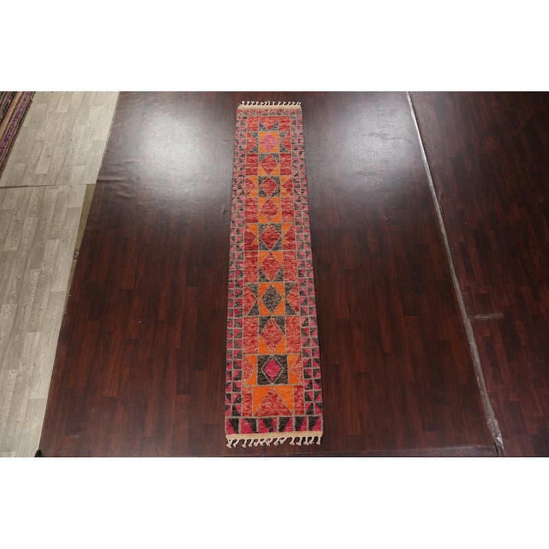 Geometric Moroccan Oriental Runner Rug Wool Handmade Staircase Carpet - 2'8" x 12'7"