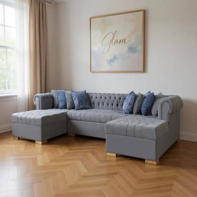 HomeRoots Gray Velvet U Shaped Three Piece Sofa and Chaise Sectional With Toss Pillows