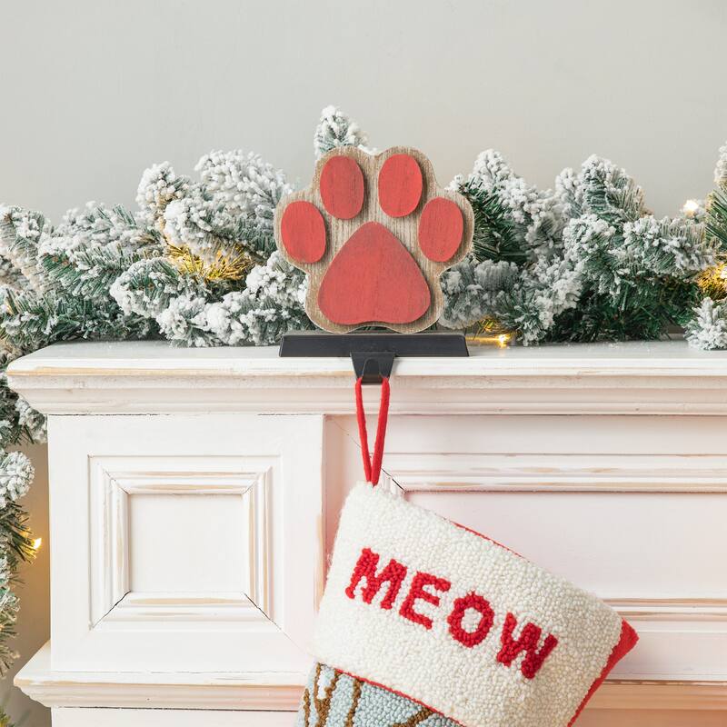 Glitzhome Christmas Wooden/Metal LED Snowman Paw Stocking Holders Mantel Ornament