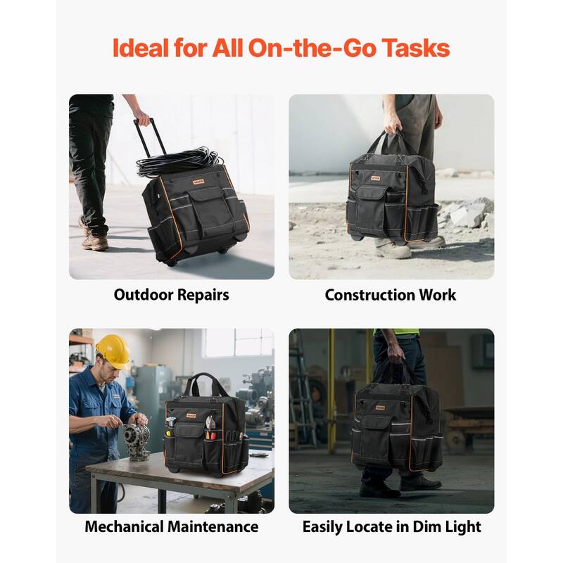 Heavy Duty Rolling Tool Bag with 25 Pockets for Tools and Gear - 15.35 x 11.41 x 16.53 in