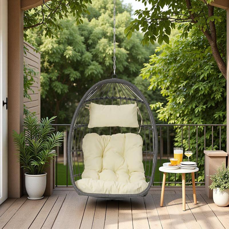 PE Rattan Egg Hanging Chair with 360lb Capacity, Waterproof Cushion and UV-Resistant - Khaki+yellow