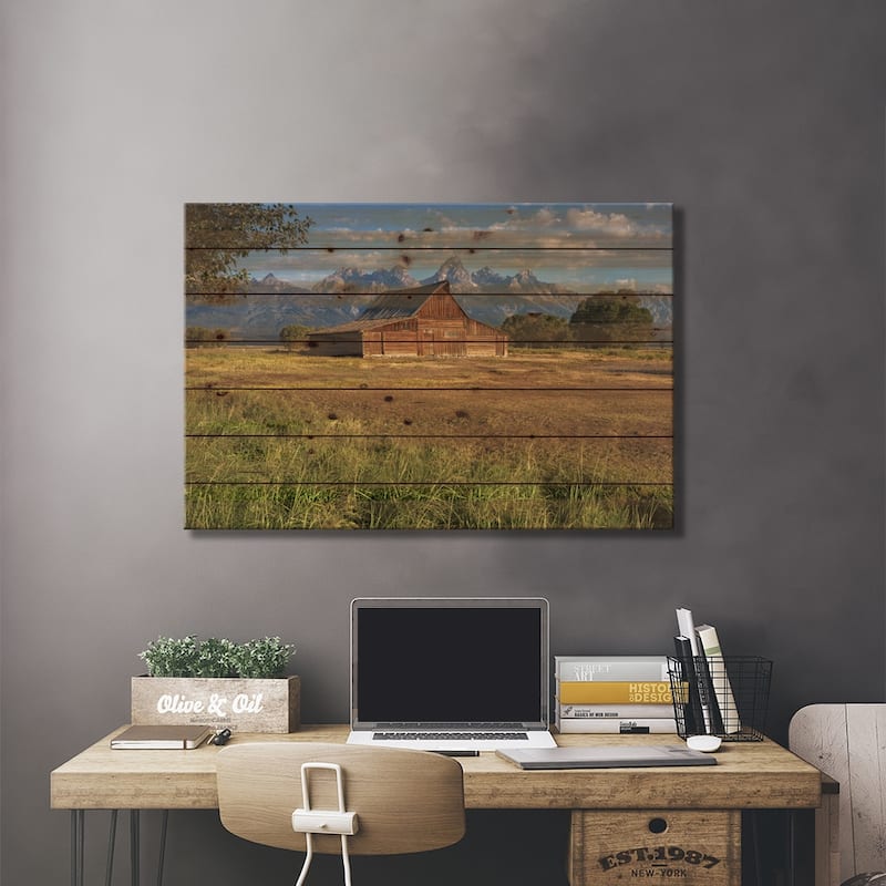 Grand Teton Barn Print On Wood by Sergio Lanza - Multi-Color