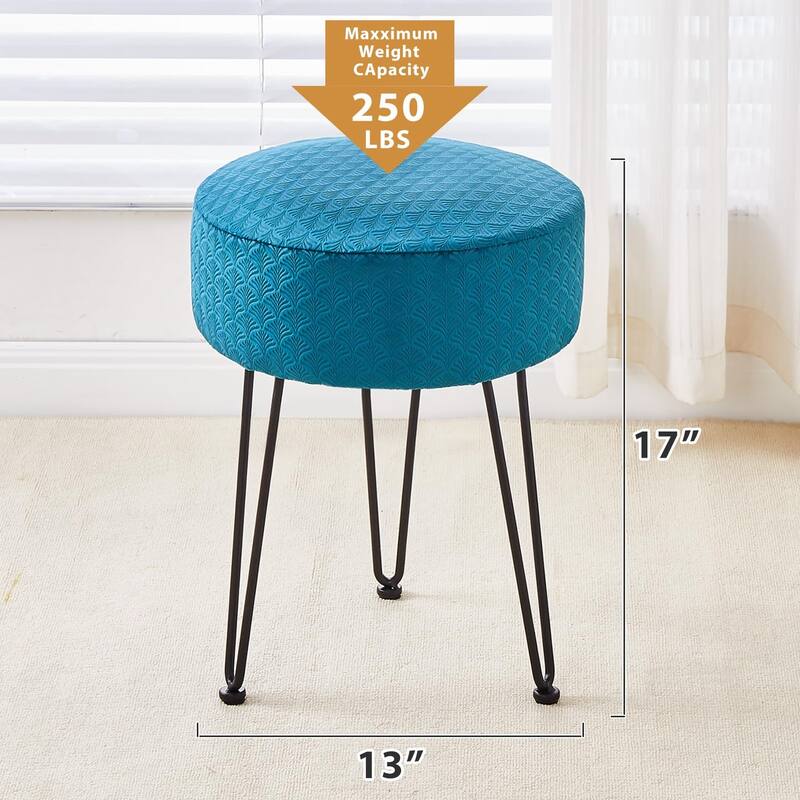 Modern Velvet Ottoman Footstool with Cushioned Seat and Metal Frame for Bedroom or Living Room - 13”L x 13”W x 17”H