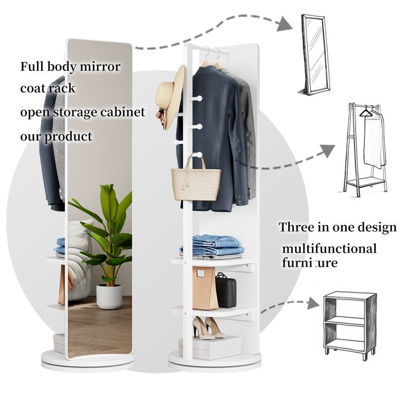 360° Rotating 66"x14" Multifunctional Full Length Mirror with Hook Storage Rack Coat Rack with Mirror Solid Wood Floor Mirror