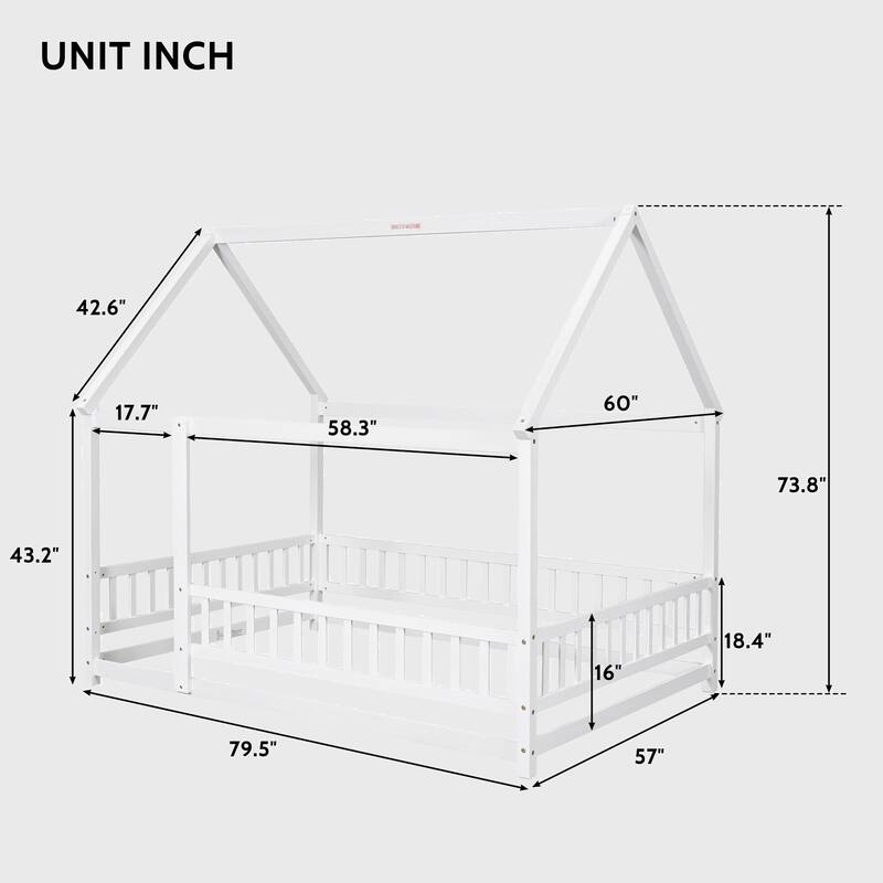 Full Size Floor Wooden Bed with House Roof Frame