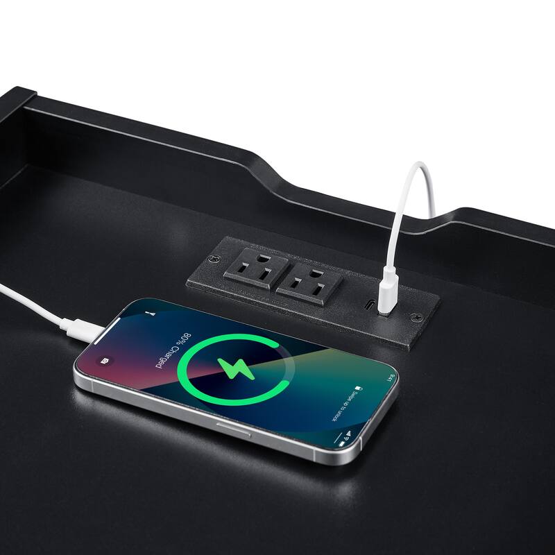 Bedside Table Nightstand with Charging Station and LED lights, Storage Cabinet Side Table with 2 Drawers