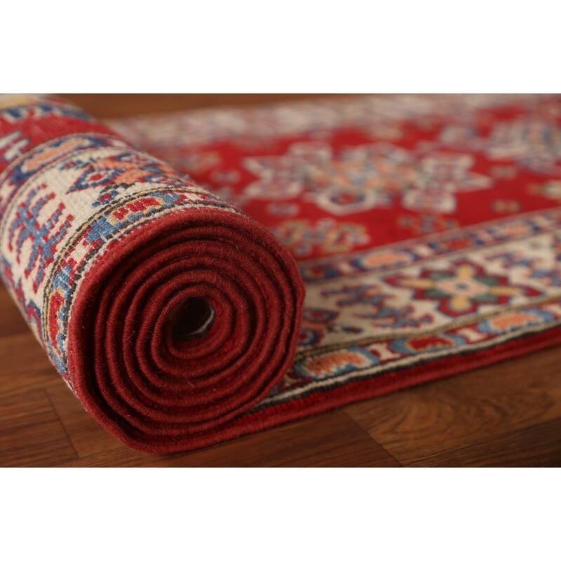 Red Geometric Kazak Oriental Wool Runner Rug Handmade Hallway Carpet - 2'8" x 9'9"