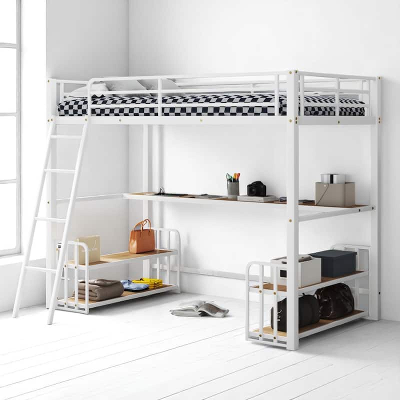 Space-Saving Loft Bed with Desk, Storage Shelves, and Charging Station - Twin/Full Size