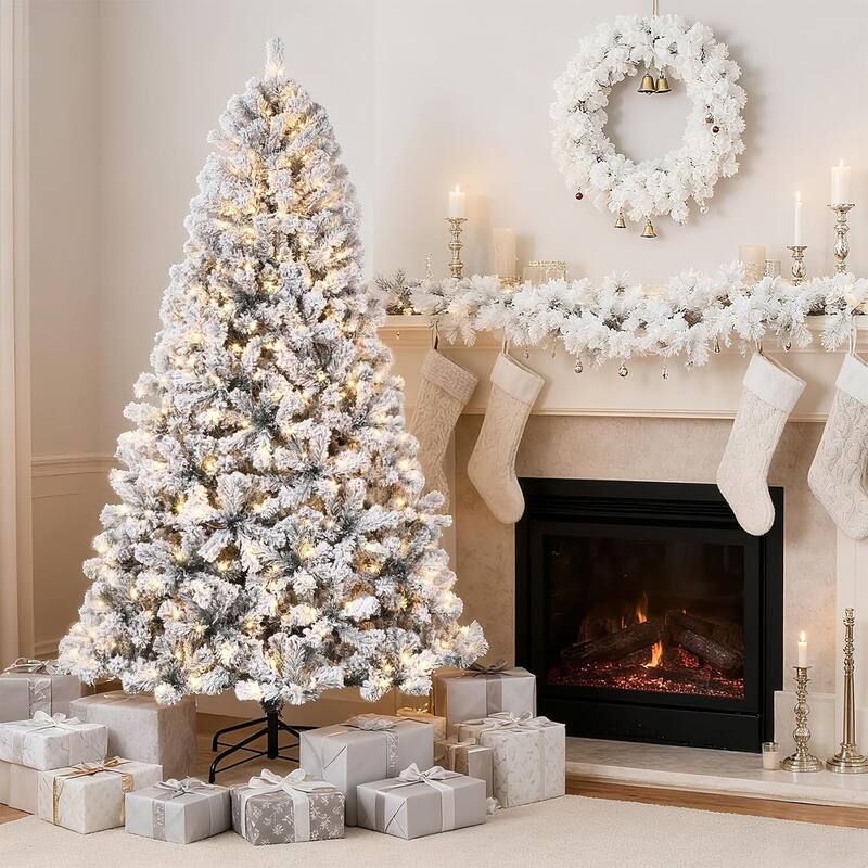 Snow Flocked Pre-Lit Artificial Christmas Tree for Home Office