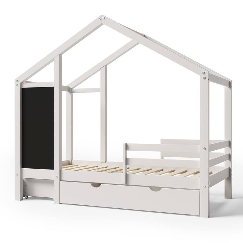 Twin Size House Bed with Blackboard and Drawers, Two assembly options