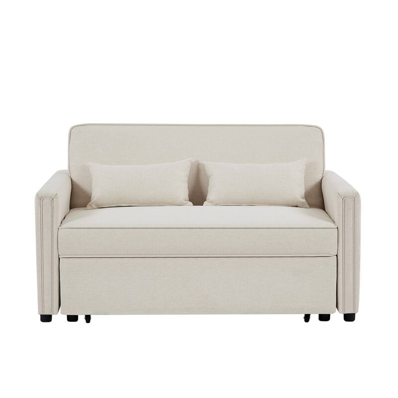 Modern Linen Convertible Loveseat Sleeper Sofa Couch with Adjustable Backrest, Pull-Out Bed and 2 Lumbar Pillows