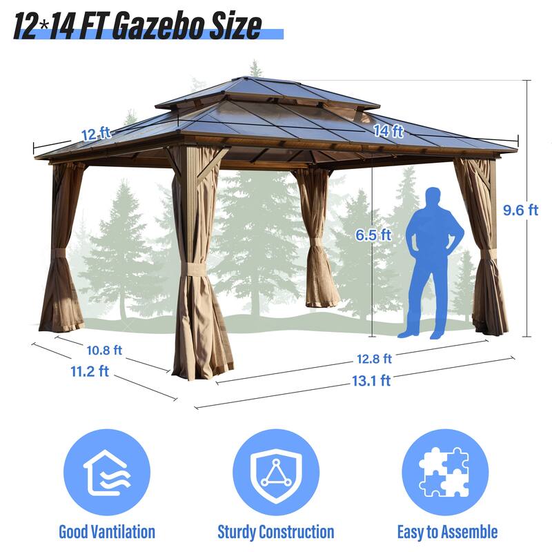 EROMMY Outdoor Wood Gazebo with Double Polycarbonate Roof, Heavy Duty Backyard Patio Pergola Canopy for Garden Shade