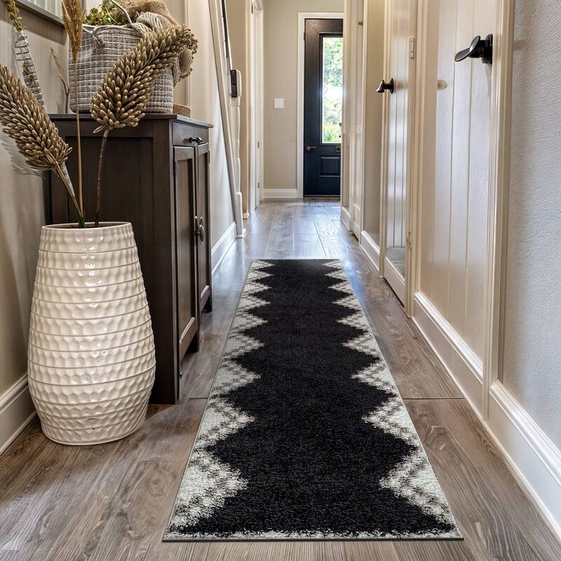Geometric Shag Rug - Soft & Stylish - Anthracite Dark Gray - Medium Pile, Easy to Clean - 2' 3" x 12'