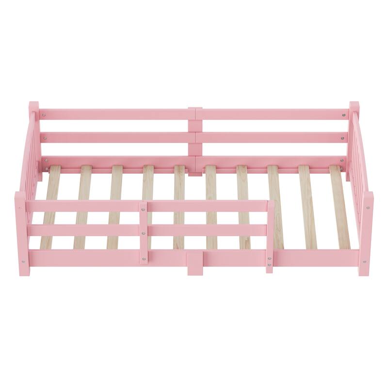Montessori Floor Bed with Fence - Full/Twin Solid Wood, Slats & Safety Guardrails, Easy Assemble