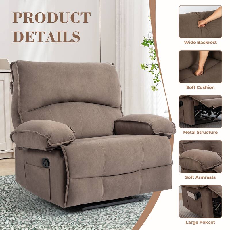 Oversized Manual Recliner Chair, Push-Back Velvet Recliner with Massage and Pillow Top Arms, for Living Room/Office