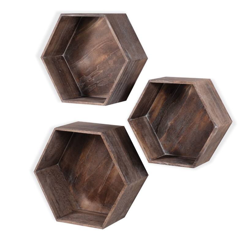 Rustic State Wall Mount Hexagon Wooden Box Shelf Varying Sizes - Pack of 3