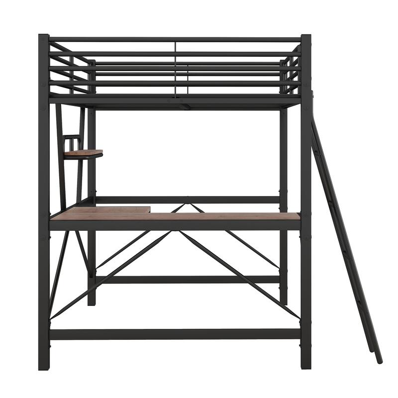 Full Size Loft Bed with Desk and Shelf, Black