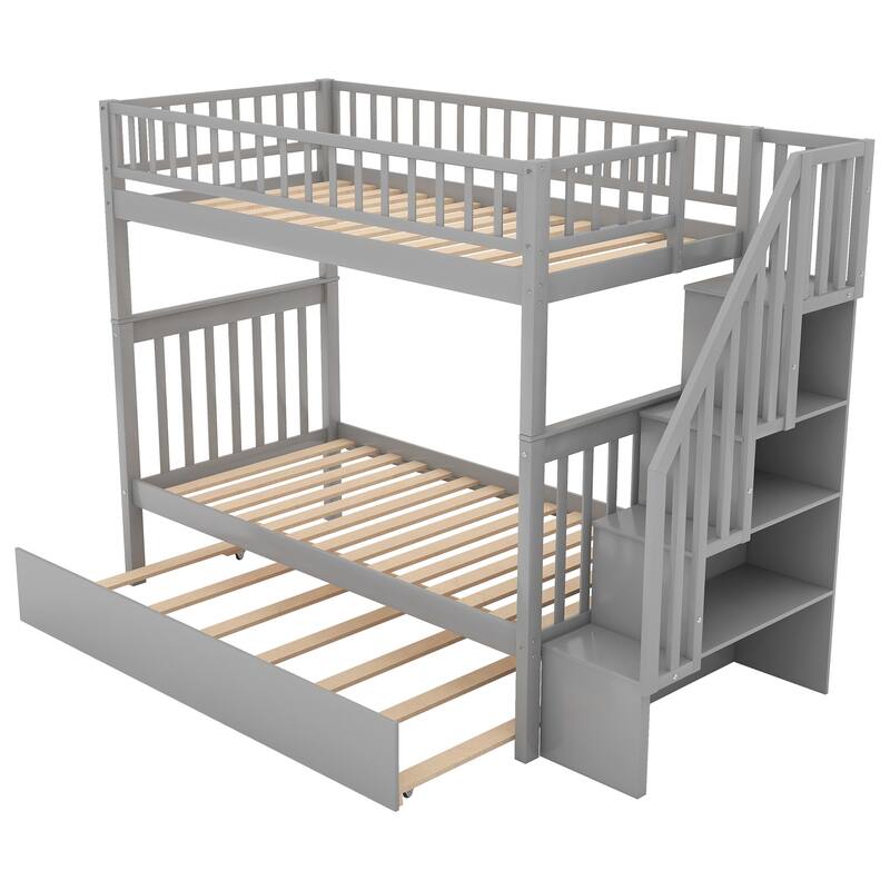 Staircase Twin Size Bunk Bed with Trundle, 3 in 1 Triple Bunkbeds Frame w/Storage Stairs & Safety Rails, Twin Over Twin Size