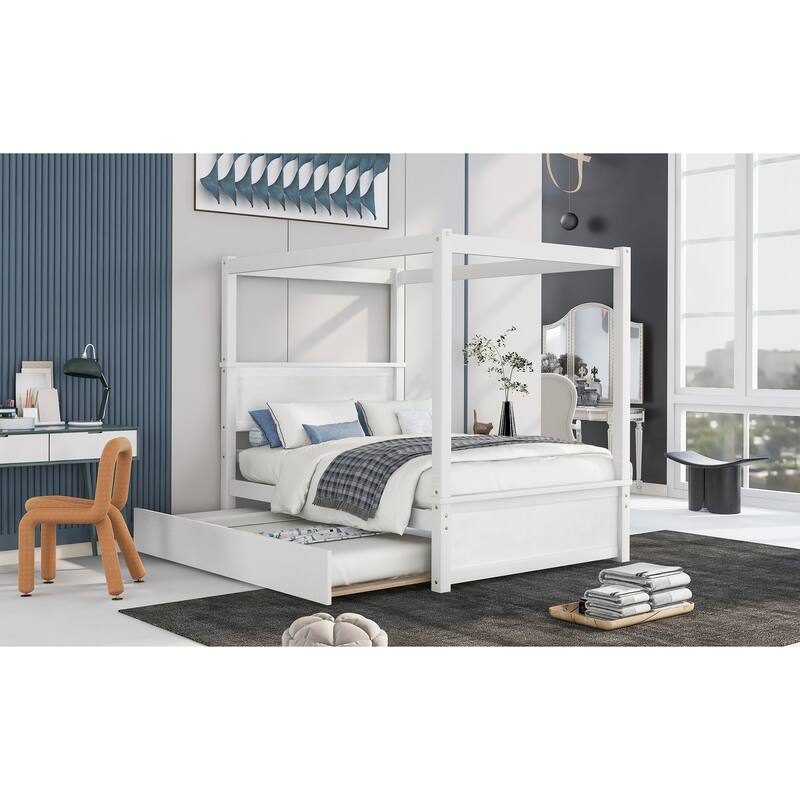 Full Size Wood Canopy Platform Bed with Trundle, Brushed White Finish, No Box Spring Needed