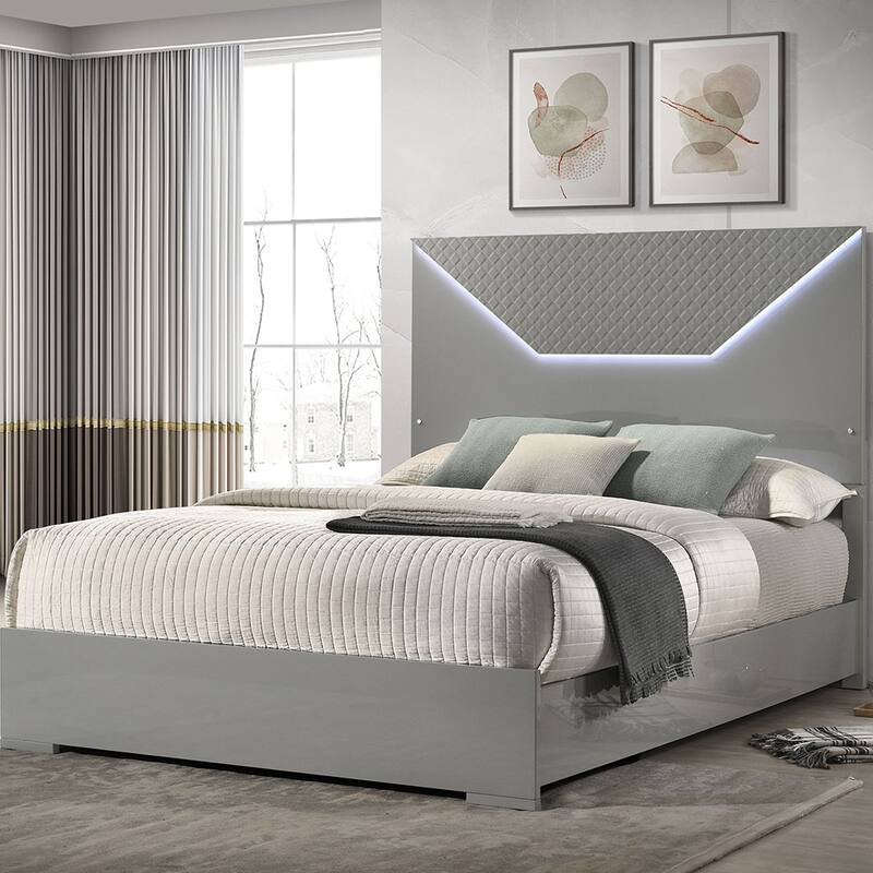 Modern Queen Panel Bed with LED Headboard in High Gloss Grey Finish - Grey