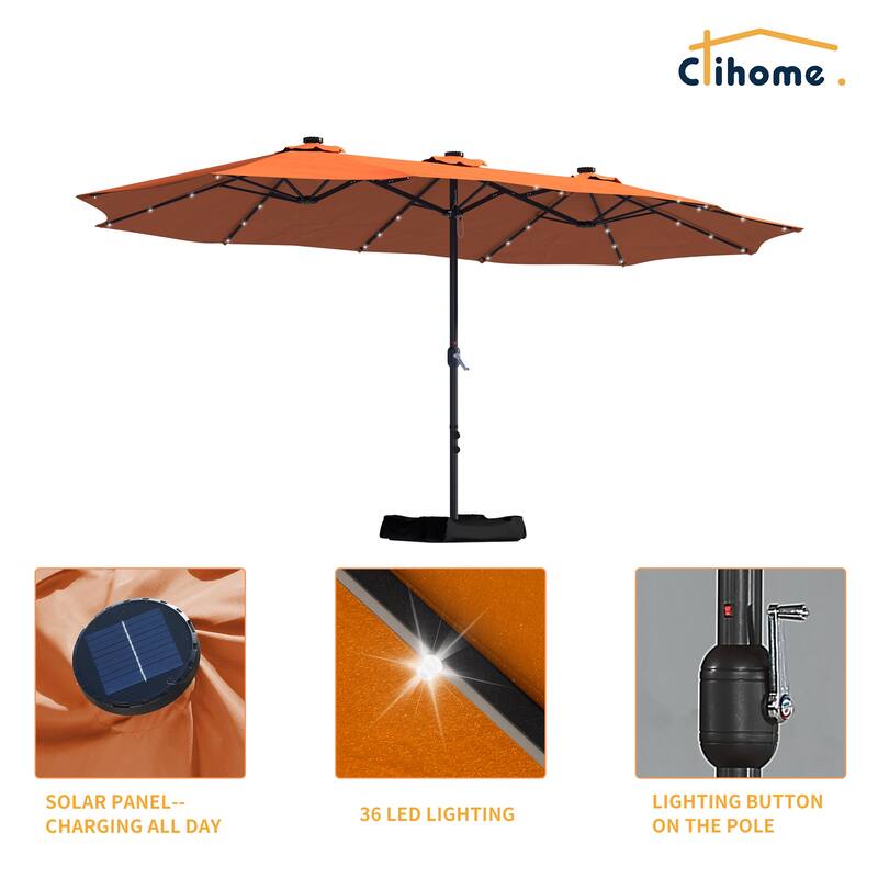 Clihome 15FT Double-Sided Solar Light Market Crank Umbrella with Base