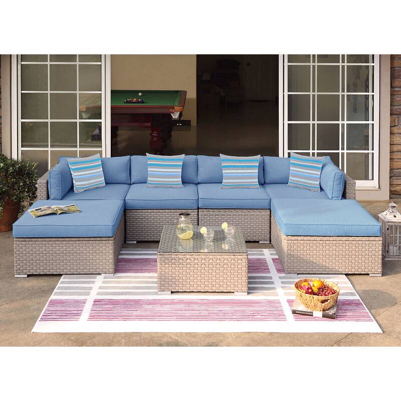 COSIEST 7-Piece Outdoor Patio Wicker Sectional Sofa with Coffee Table - GreyWicker+HeritageCushion