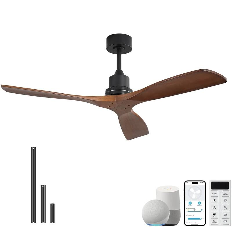 52 inch Smart Solid Wood Ceiling Fan with Intetraged Light and Remote,Google Assistant/Alexa APP Control - Black with Walnut Wood Blades - 52 Inch Without Light