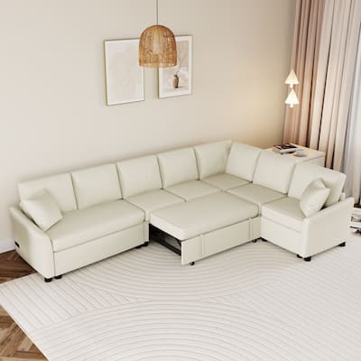 124.8"L-shaped Sofa Convertible Sofa Bed Pull Out Sofa Sleeper with Two Back Pillows, Two USB Ports and Two Power Sockets for Li