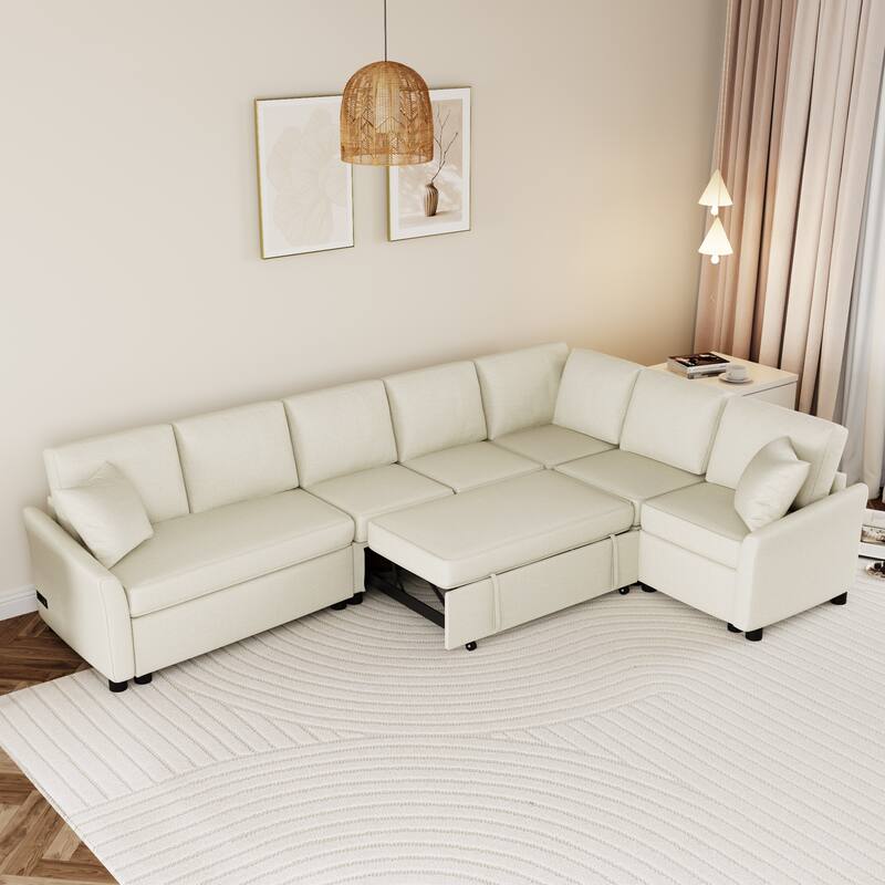 L-shaped Sofa Convertible Sofa Bed Pull Out Sofa Sleeper with Two Back Pillows, Two USB Ports and Two Power Sockets - Beige