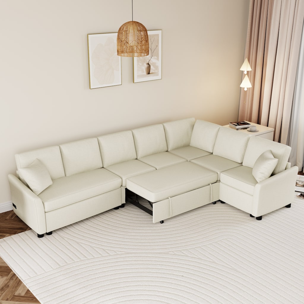 Roomfitters L-Shaped Convertible Pull-Out Sofa Bed with Two Back Pillows, USB Ports, and Power Sockets