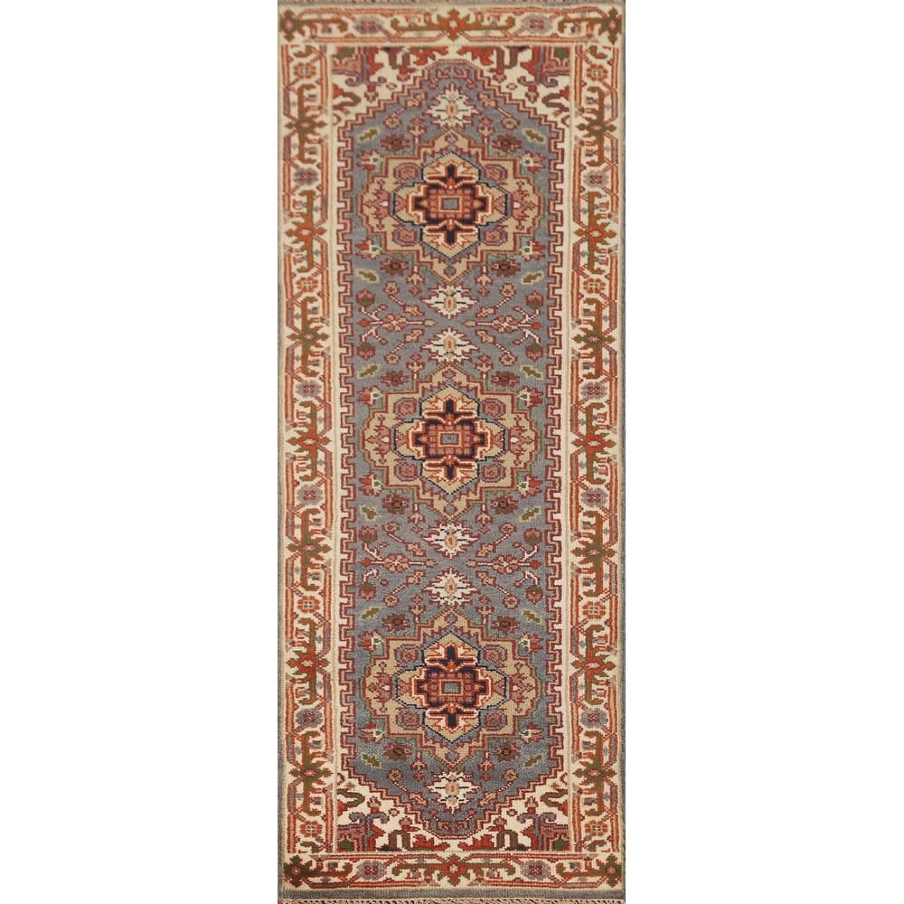 Gray Geometric Heriz Serapi Oriental Runner Rug Wool Carpet - 2'7" x 8'1"